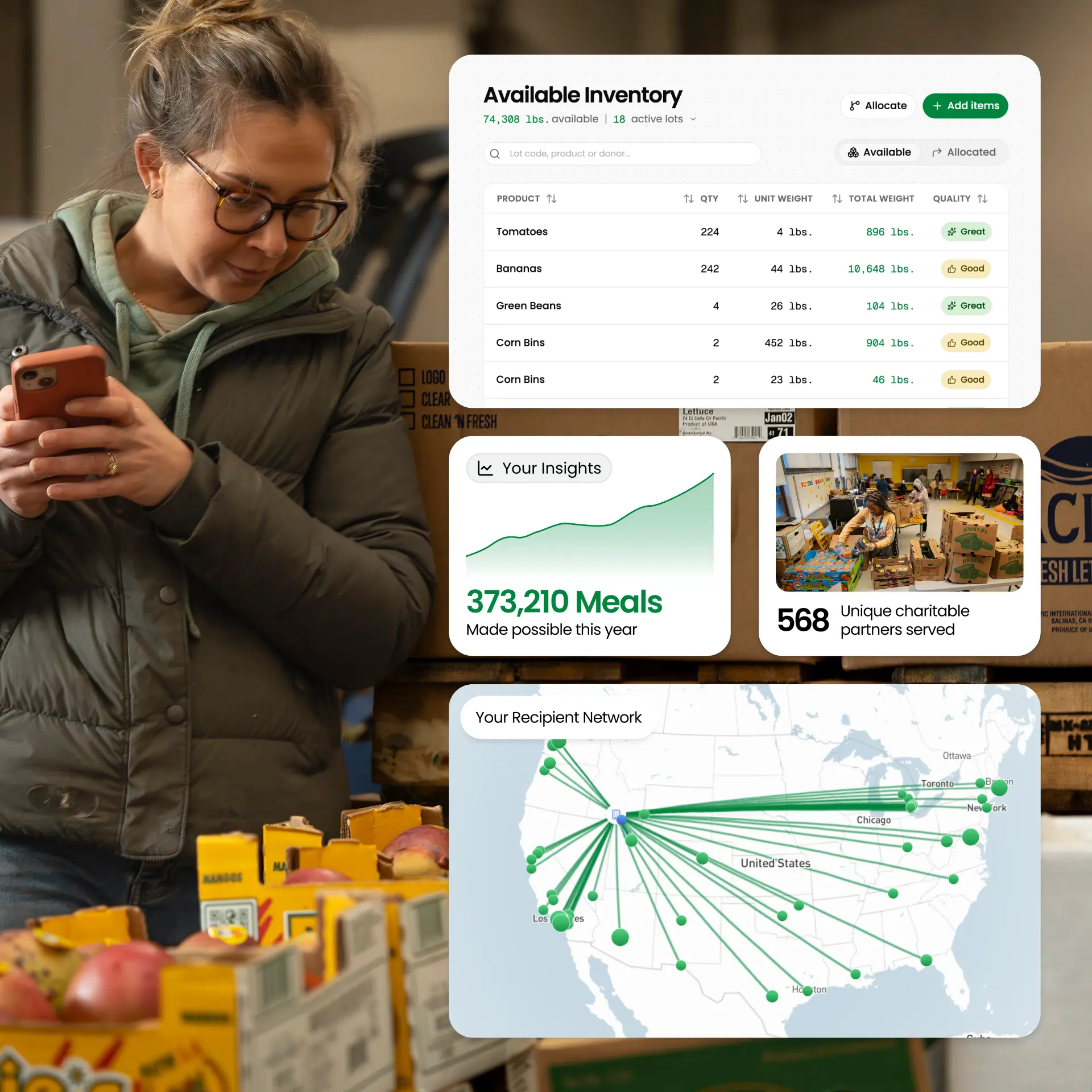 Surplus app interface showing available inventory, impact insights, and the recipient network map